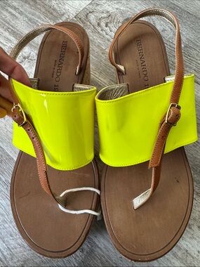 Bernardo Neon Yellow Patent Leather Slingback Sandals with Tan Straps